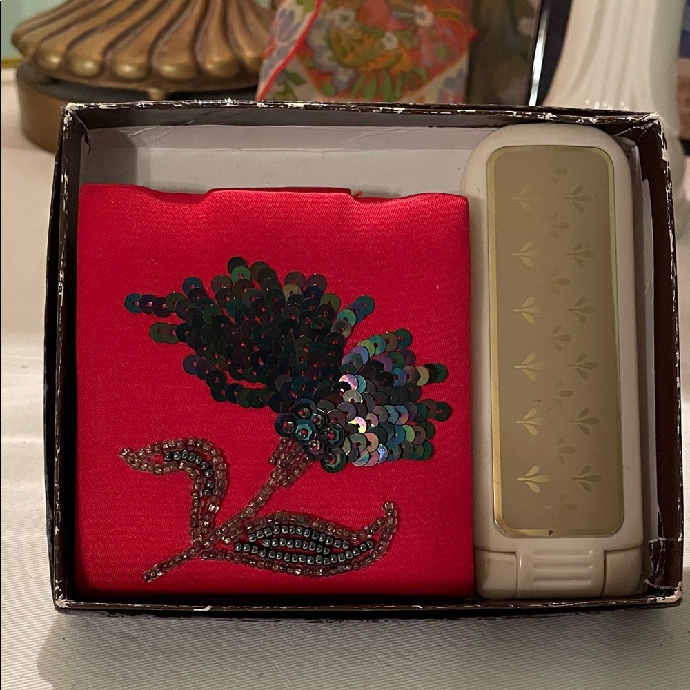 Vintage Travel Set Red Silk Beaded Mirror Compact Lint Brush CAPRICE CO.